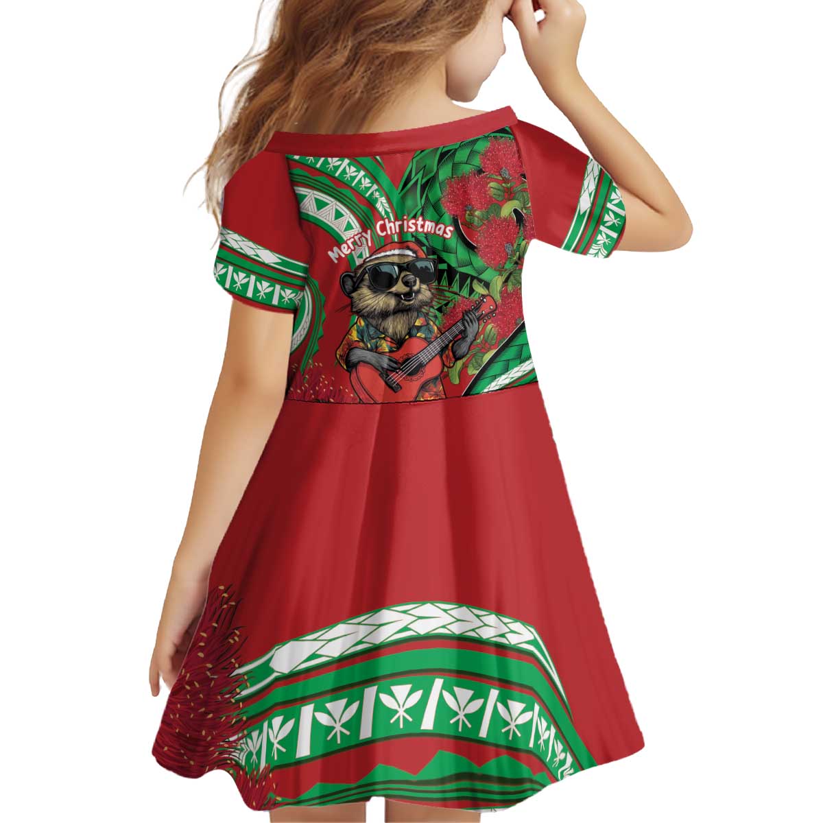 Mele Kalikimaka Hawaii Kid Short Sleeve Dress Mongoose Santa With Ohia Lehua