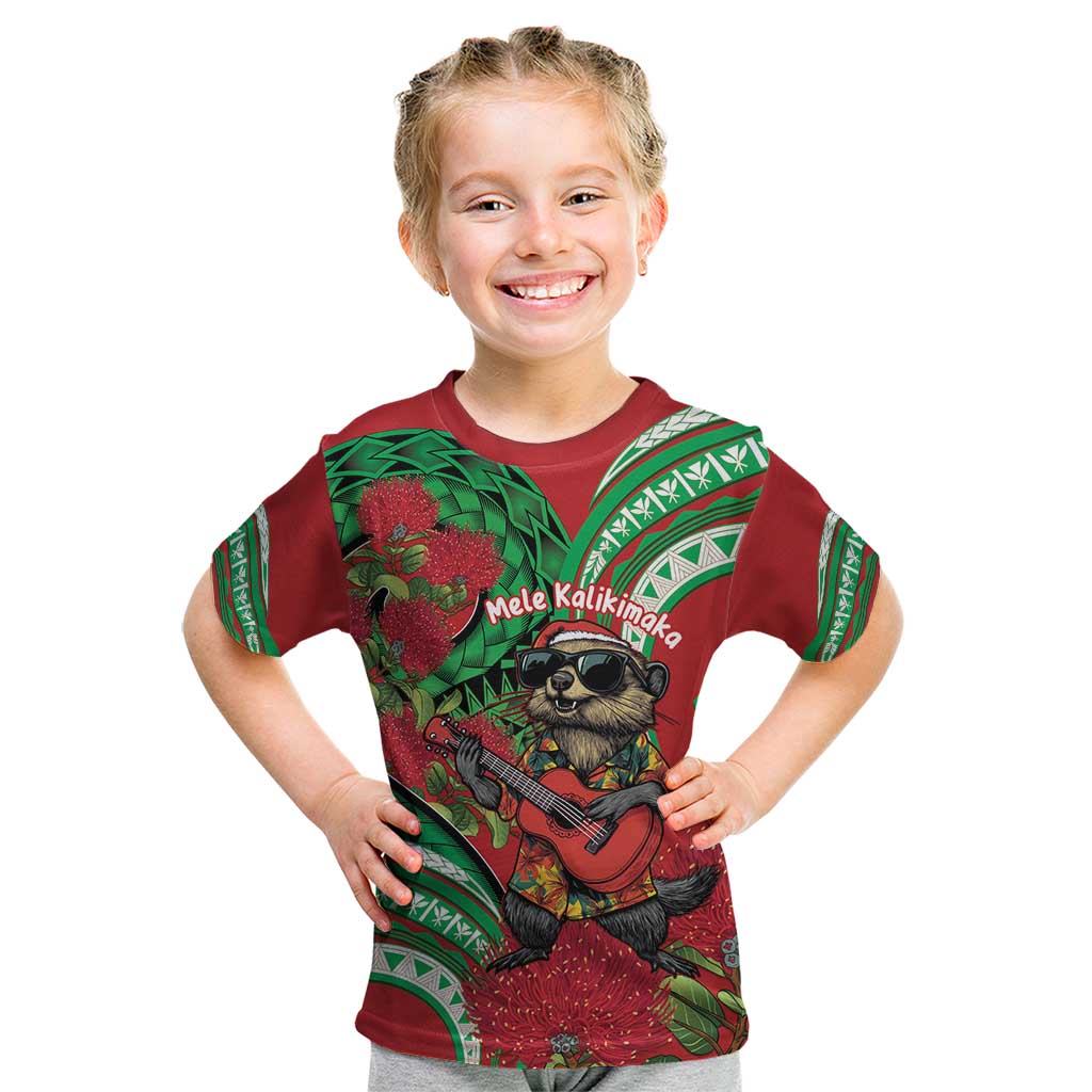 Mele Kalikimaka Hawaii Kid T Shirt Mongoose Santa With Ohia Lehua LT14 Red - Polynesian Pride