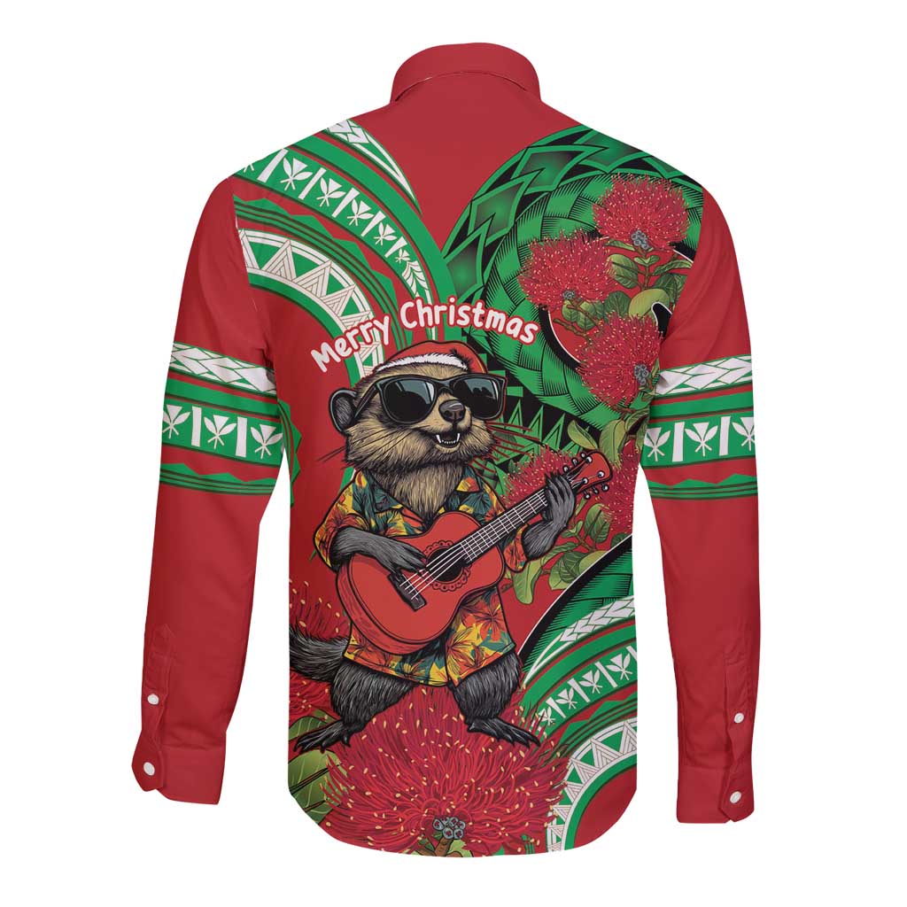 Mele Kalikimaka Hawaii Long Sleeve Button Shirt Mongoose Santa With Ohia Lehua LT14 - Polynesian Pride