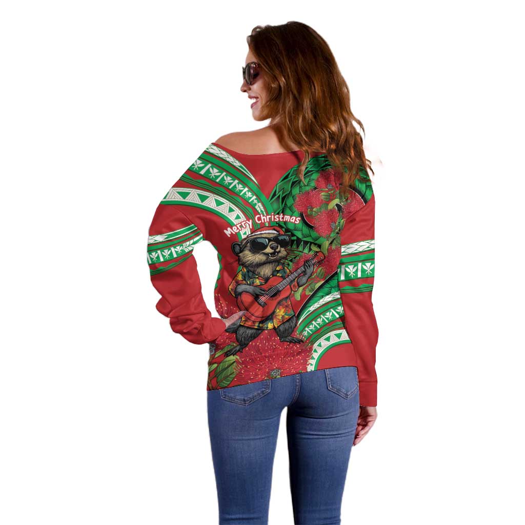 Mele Kalikimaka Hawaii Off Shoulder Sweater Mongoose Santa With Ohia Lehua