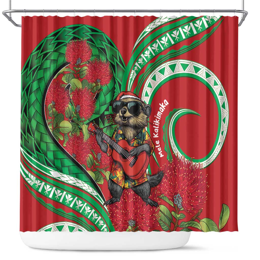 Mele Kalikimaka Hawaii Shower Curtain Mongoose Santa With Ohia Lehua