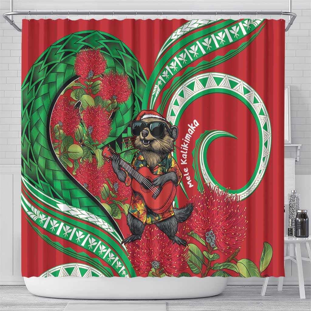 Mele Kalikimaka Hawaii Shower Curtain Mongoose Santa With Ohia Lehua LT14 - Polynesian Pride