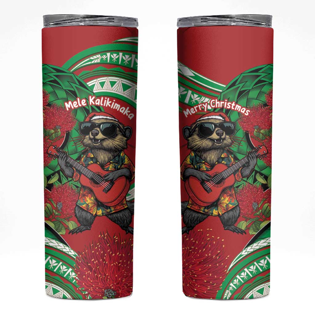 Mele Kalikimaka Hawaii Skinny Tumbler Mongoose Santa With Ohia Lehua