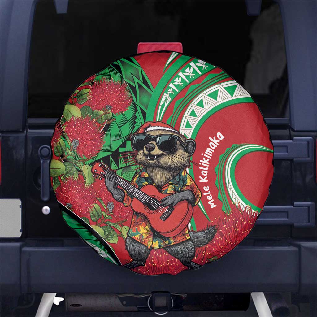Mele Kalikimaka Hawaii Spare Tire Cover Mongoose Santa With Ohia Lehua