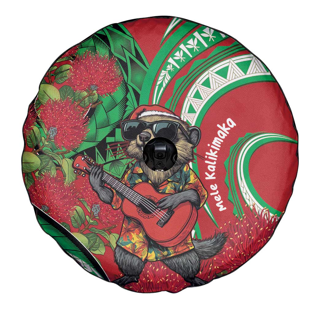 Mele Kalikimaka Hawaii Spare Tire Cover Mongoose Santa With Ohia Lehua