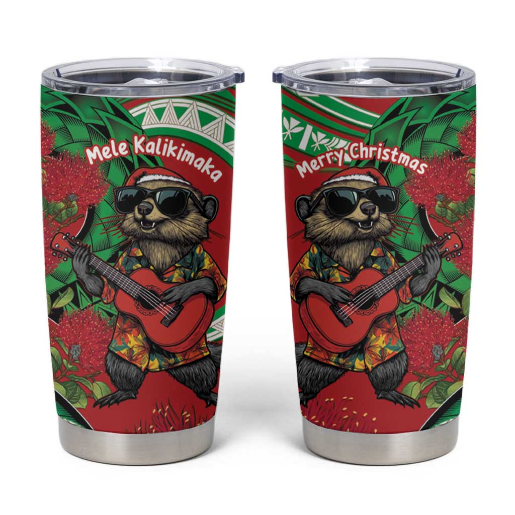 Mele Kalikimaka Hawaii Tumbler Cup Mongoose Santa With Ohia Lehua