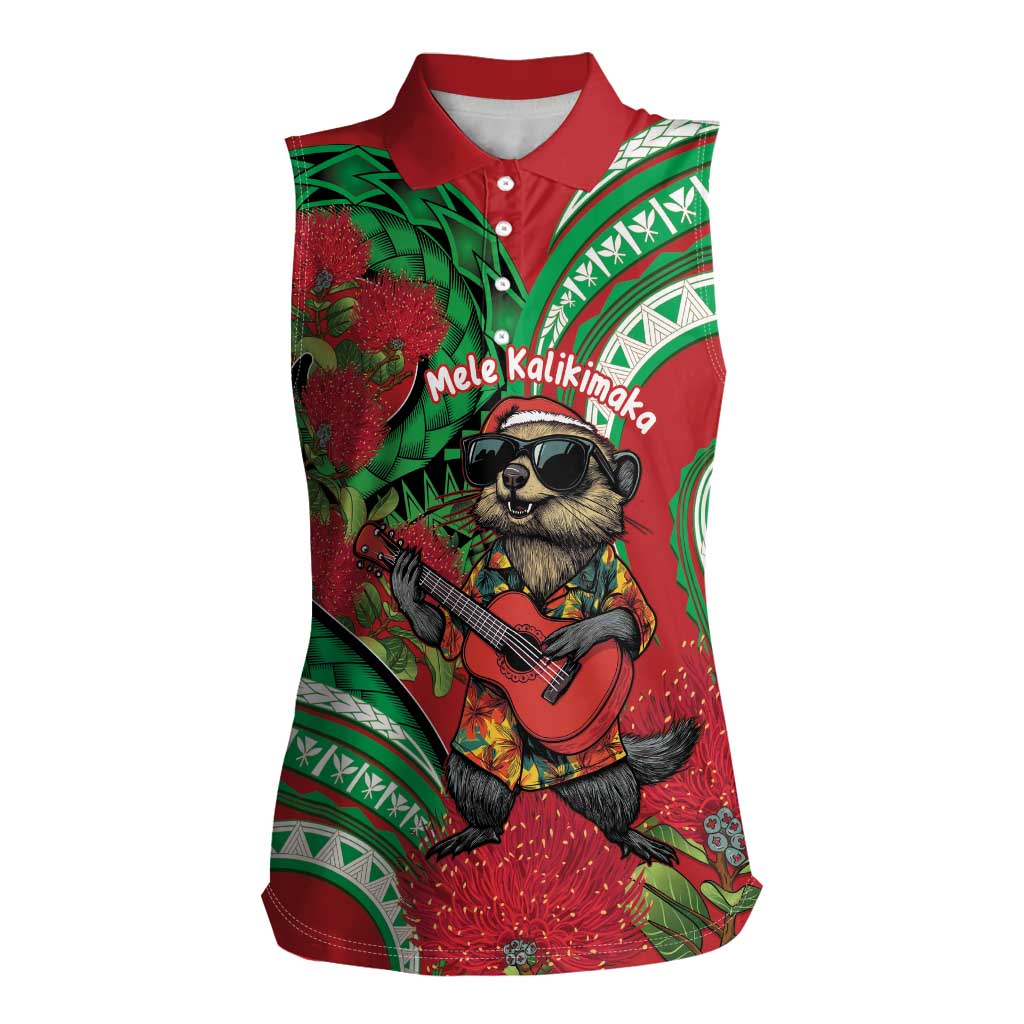 Mele Kalikimaka Hawaii Women Sleeveless Polo Shirt Mongoose Santa With Ohia Lehua LT14 Female Red - Polynesian Pride