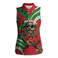 Mele Kalikimaka Hawaii Women Sleeveless Polo Shirt Mongoose Santa With Ohia Lehua LT14 Female Red - Polynesian Pride