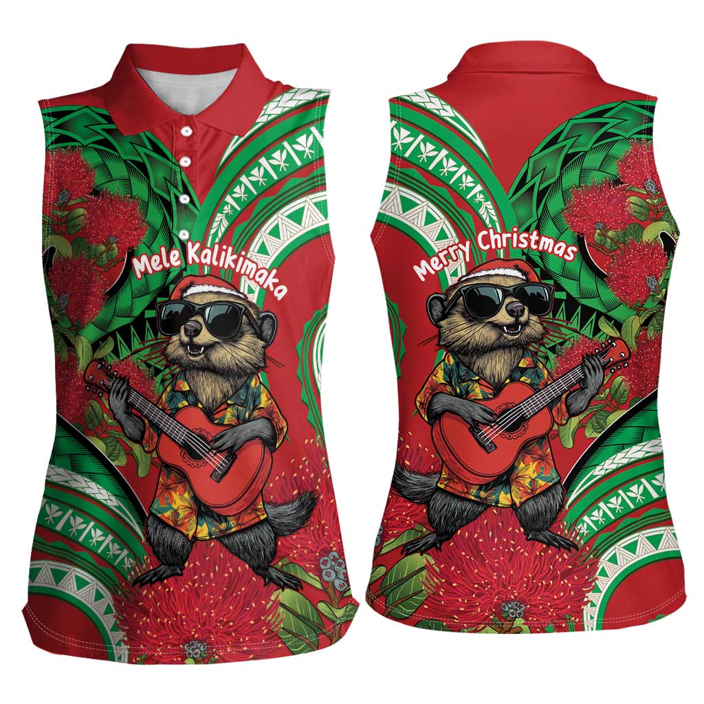 Mele Kalikimaka Hawaii Women Sleeveless Polo Shirt Mongoose Santa With Ohia Lehua LT14 - Polynesian Pride