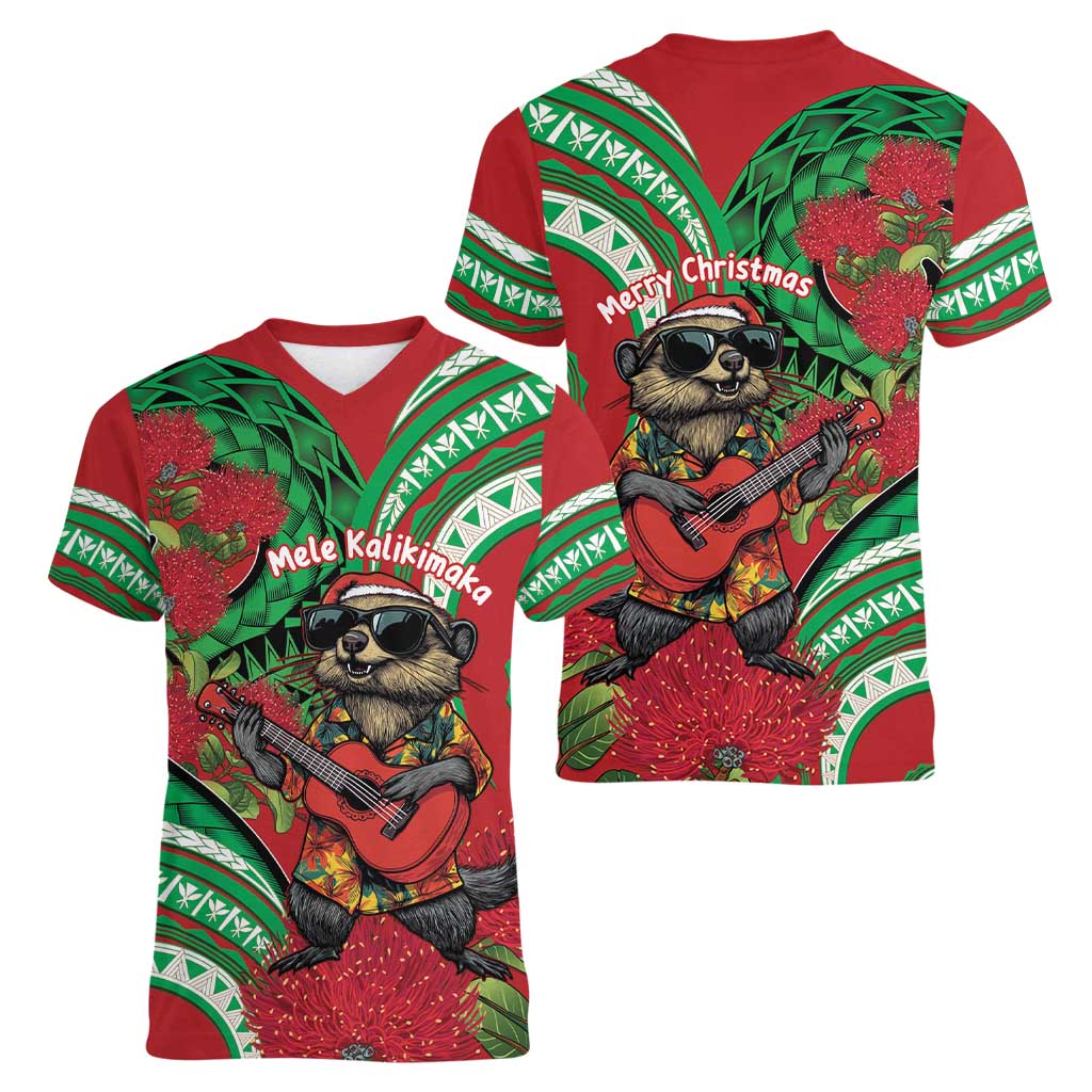 Mele Kalikimaka Hawaii Women V-Neck T-Shirt Mongoose Santa With Ohia Lehua LT14 - Polynesian Pride