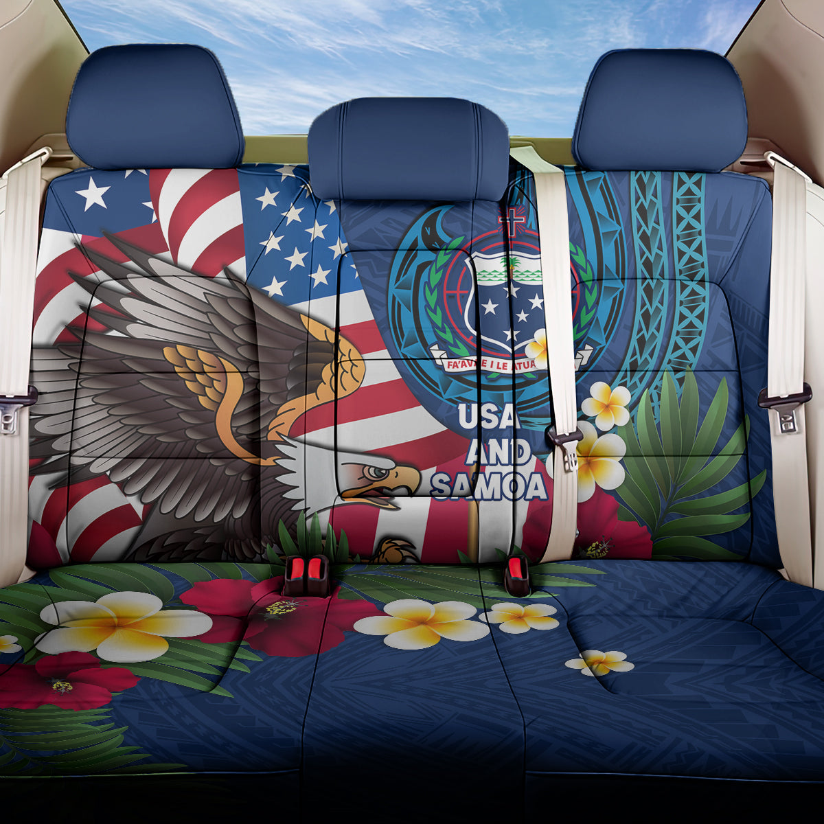 United States And Samoa Back Car Seat Cover USA Flag Eagle Mix Samoan Coat Of Arms LT14 One Size Blue - Polynesian Pride