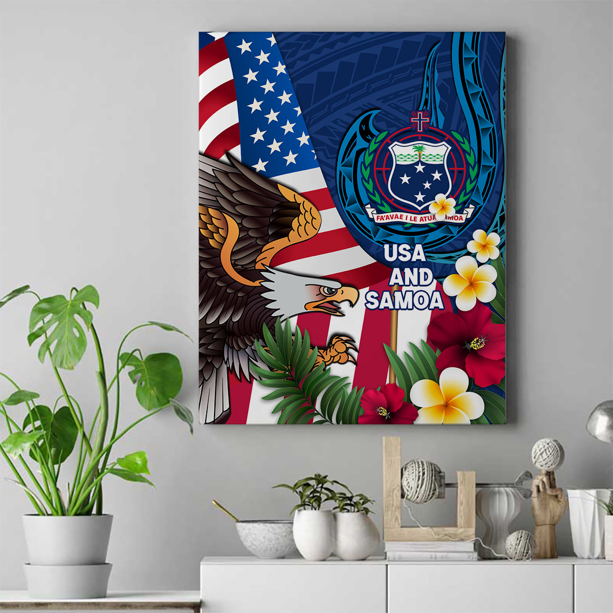 United States And Samoa Canvas Wall Art USA Flag Eagle Mix Samoan Coat Of Arms LT14 Blue - Polynesian Pride