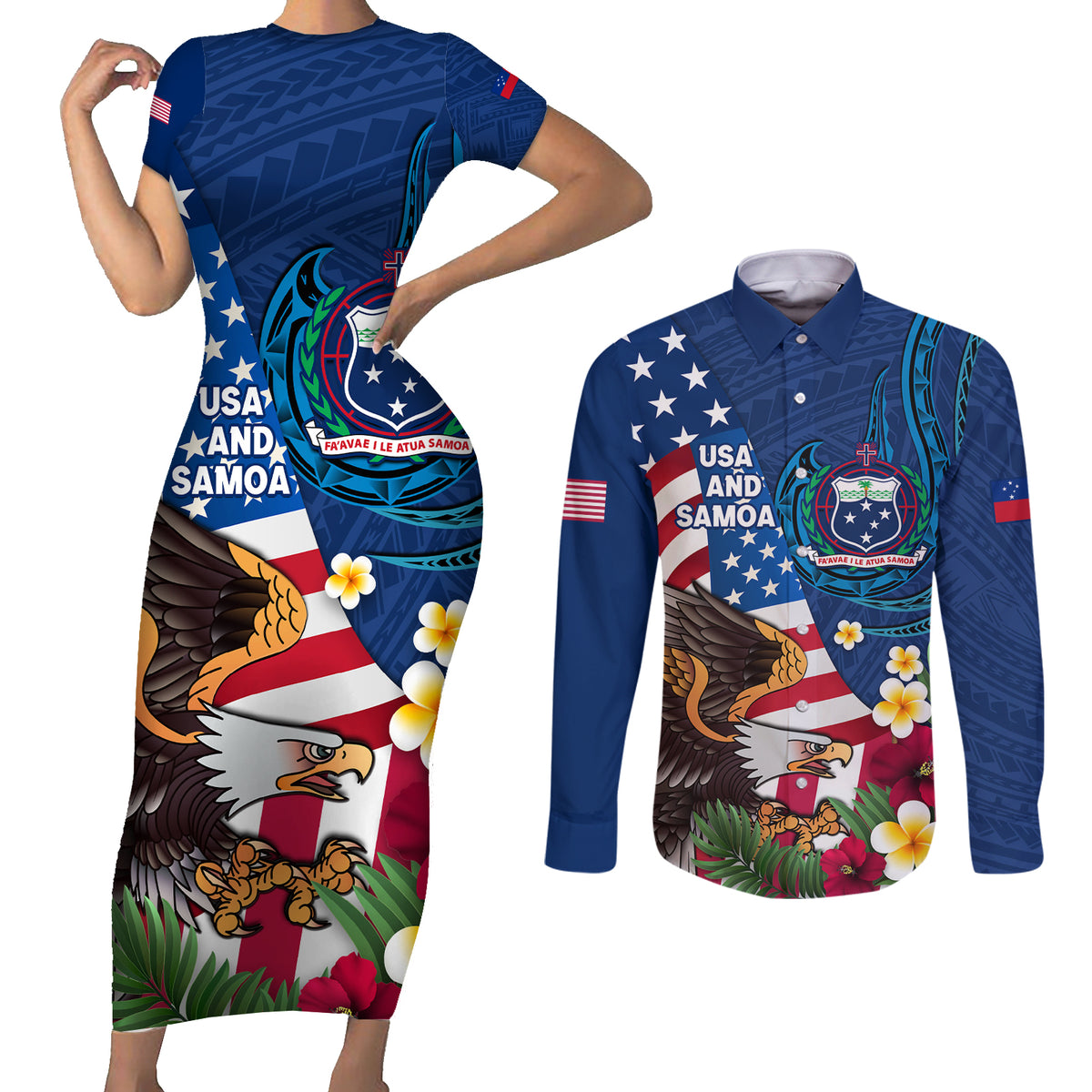 United States And Samoa Couples Matching Short Sleeve Bodycon Dress and Long Sleeve Button Shirt USA Flag Eagle Mix Samoan Coat Of Arms LT14 Blue - Polynesian Pride