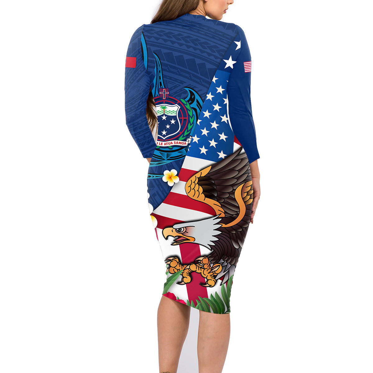 United States And Samoa Family Matching Long Sleeve Bodycon Dress and Hawaiian Shirt USA Flag Eagle Mix Samoan Coat Of Arms LT14 - Polynesian Pride