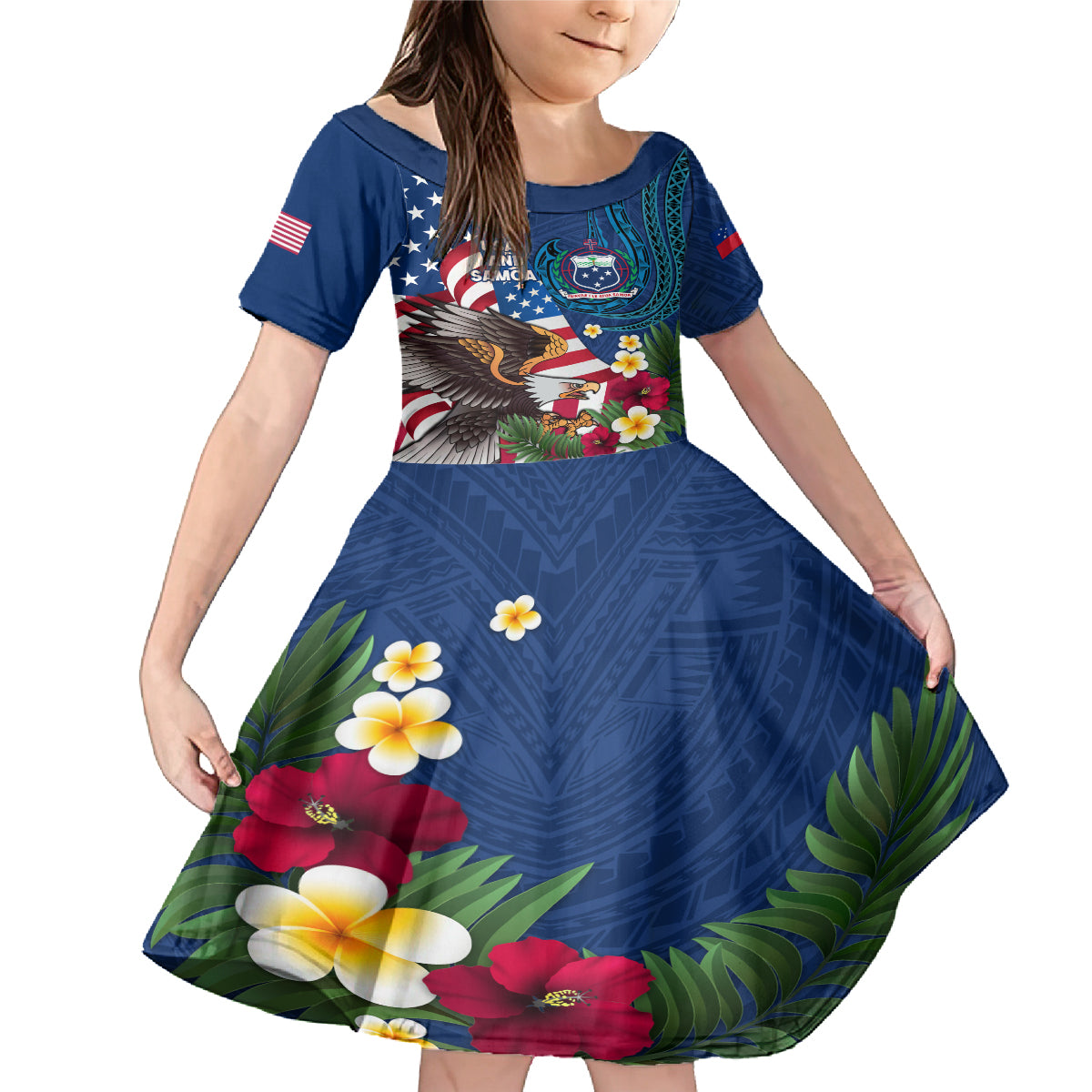 United States And Samoa Family Matching Mermaid Dress and Hawaiian Shirt USA Flag Eagle Mix Samoan Coat Of Arms LT14 Daughter's Dress Blue - Polynesian Pride