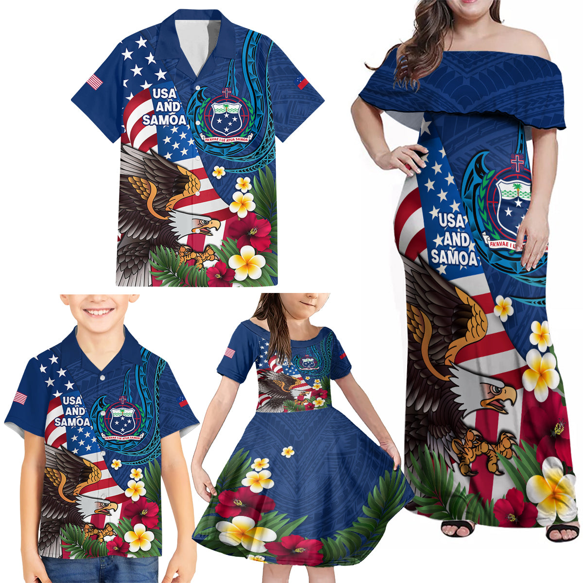 United States And Samoa Family Matching Off Shoulder Maxi Dress and Hawaiian Shirt USA Flag Eagle Mix Samoan Coat Of Arms LT14 - Polynesian Pride