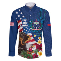 United States And Samoa Family Matching Off Shoulder Maxi Dress and Hawaiian Shirt USA Flag Eagle Mix Samoan Coat Of Arms LT14 Dad's Shirt - Long Sleeve Blue - Polynesian Pride