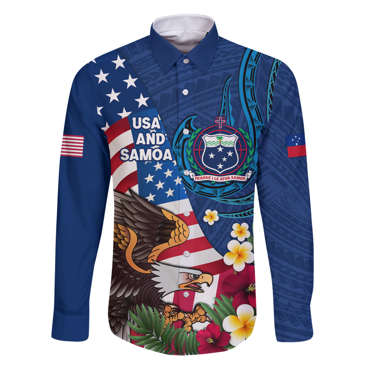 United States And Samoa Family Matching Off Shoulder Short Dress and Hawaiian Shirt USA Flag Eagle Mix Samoan Coat Of Arms LT14 Dad's Shirt - Long Sleeve Blue - Polynesian Pride