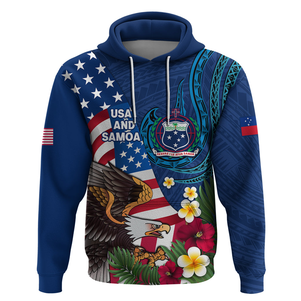 United States And Samoa Zip Hoodie USA Flag Eagle Mix Samoan Coat Of Arms LT14 Pullover Hoodie Blue - Polynesian Pride
