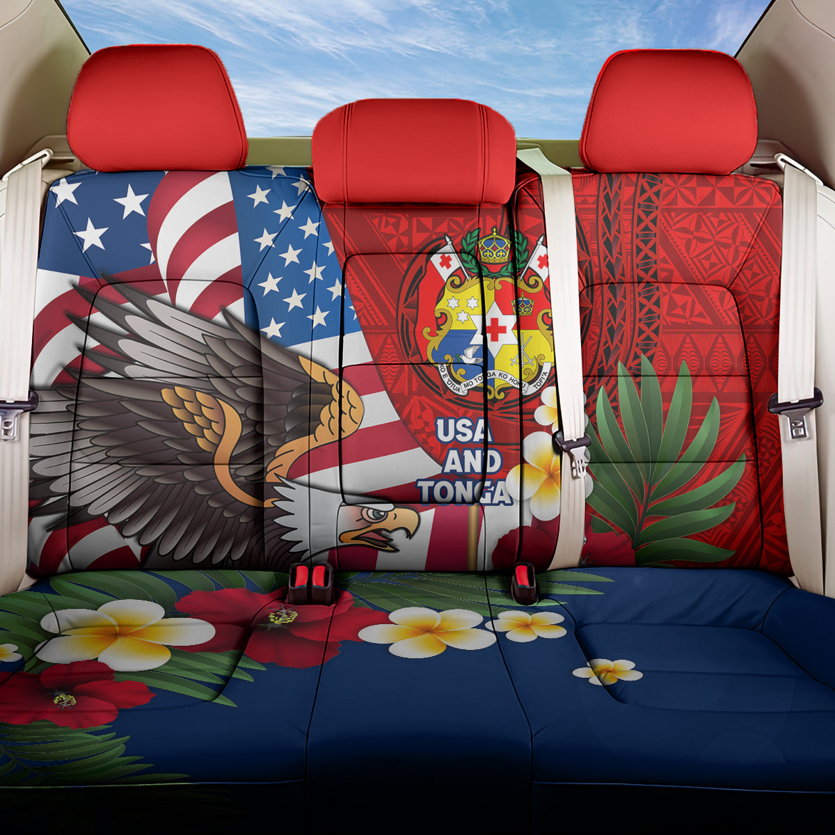 United States And Tonga Back Car Seat Cover USA Flag Eagle Mix Tongan Coat Of Arms Ngatu Pattern LT14 One Size Blue - Polynesian Pride