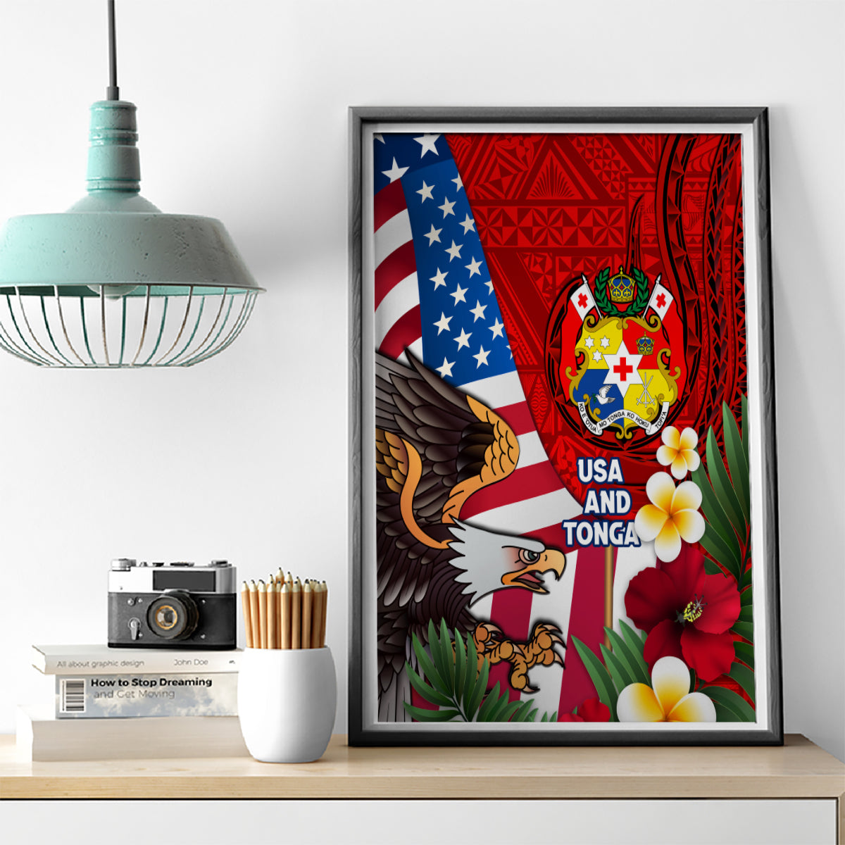 United States And Tonga Canvas Wall Art USA Flag Eagle Mix Tongan Coat Of Arms Ngatu Pattern LT14 - Polynesian Pride
