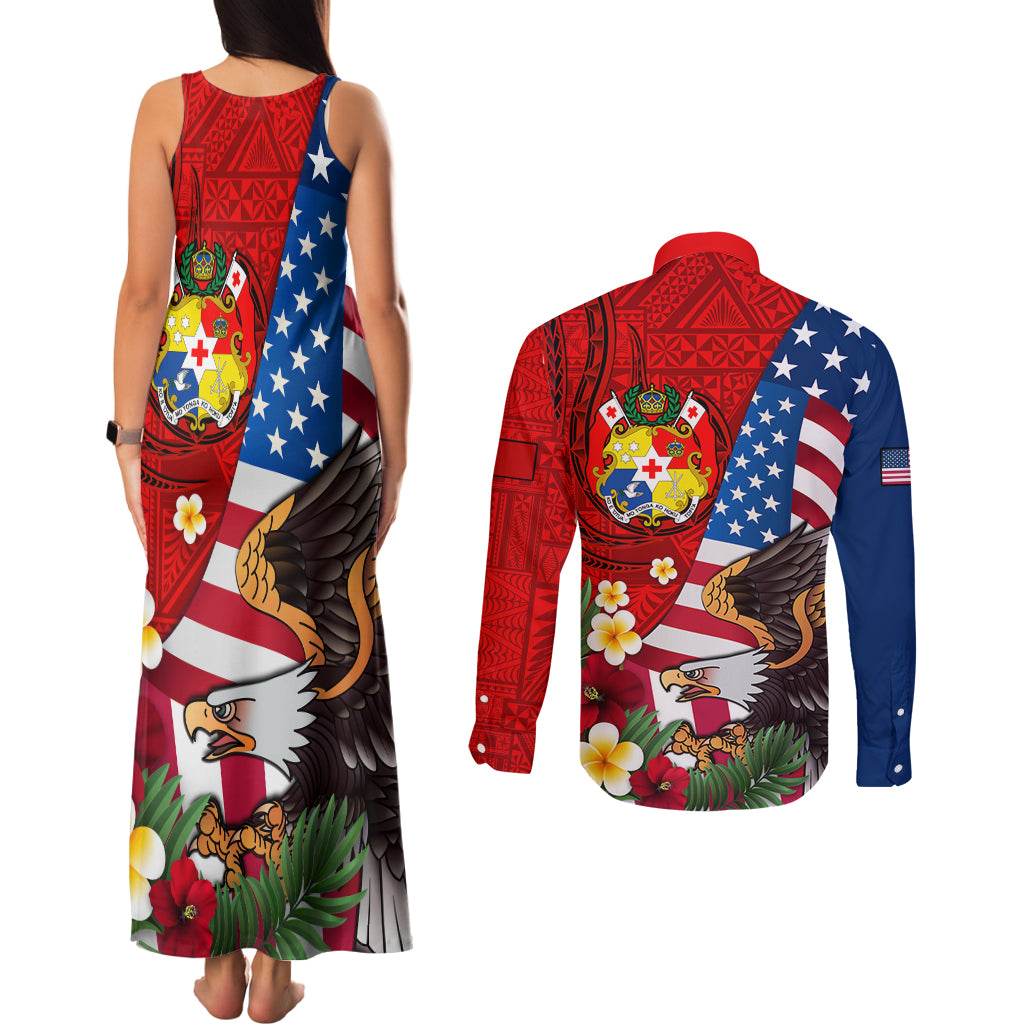 United States And Tonga Couples Matching Tank Maxi Dress and Long Sleeve Button Shirt USA Flag Eagle Mix Tongan Coat Of Arms Ngatu Pattern LT14 - Polynesian Pride