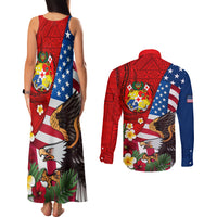 United States And Tonga Couples Matching Tank Maxi Dress and Long Sleeve Button Shirt USA Flag Eagle Mix Tongan Coat Of Arms Ngatu Pattern LT14 - Polynesian Pride