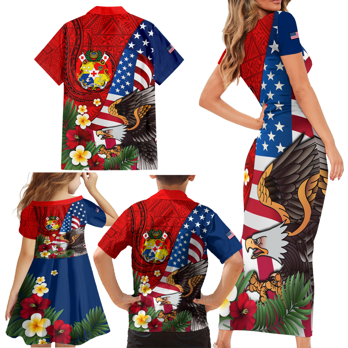 United States And Tonga Family Matching Short Sleeve Bodycon Dress and Hawaiian Shirt USA Flag Eagle Mix Tongan Coat Of Arms Ngatu Pattern LT14 - Polynesian Pride