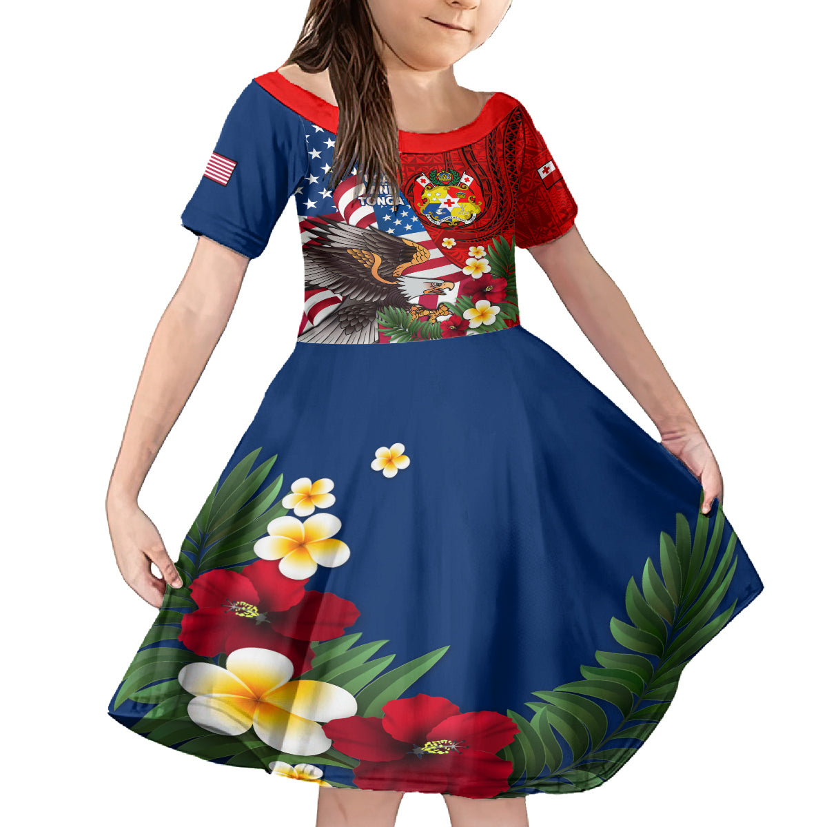 United States And Tonga Family Matching Tank Maxi Dress and Hawaiian Shirt USA Flag Eagle Mix Tongan Coat Of Arms Ngatu Pattern LT14 Daughter's Dress Blue - Polynesian Pride