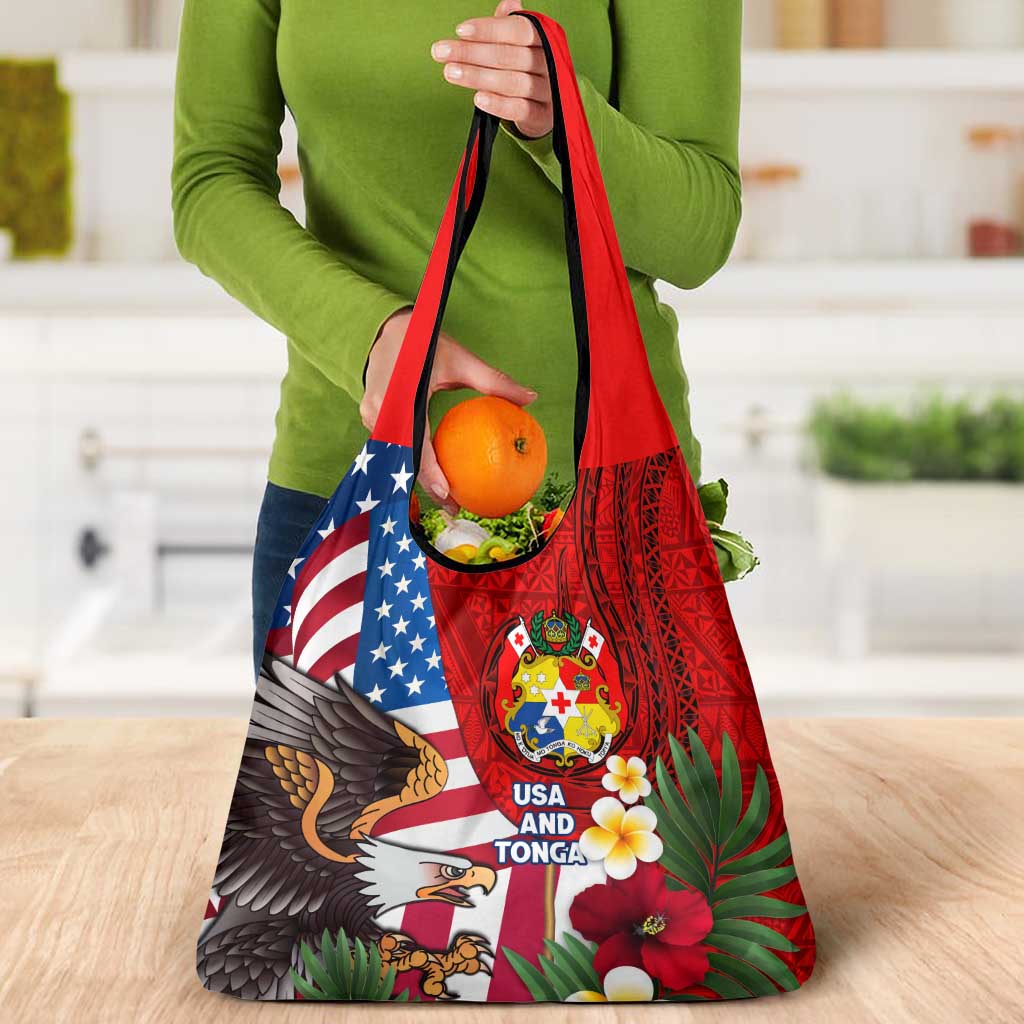 United States And Tonga Grocery Bag USA Flag Eagle Mix Tongan Coat Of Arms Ngatu Pattern