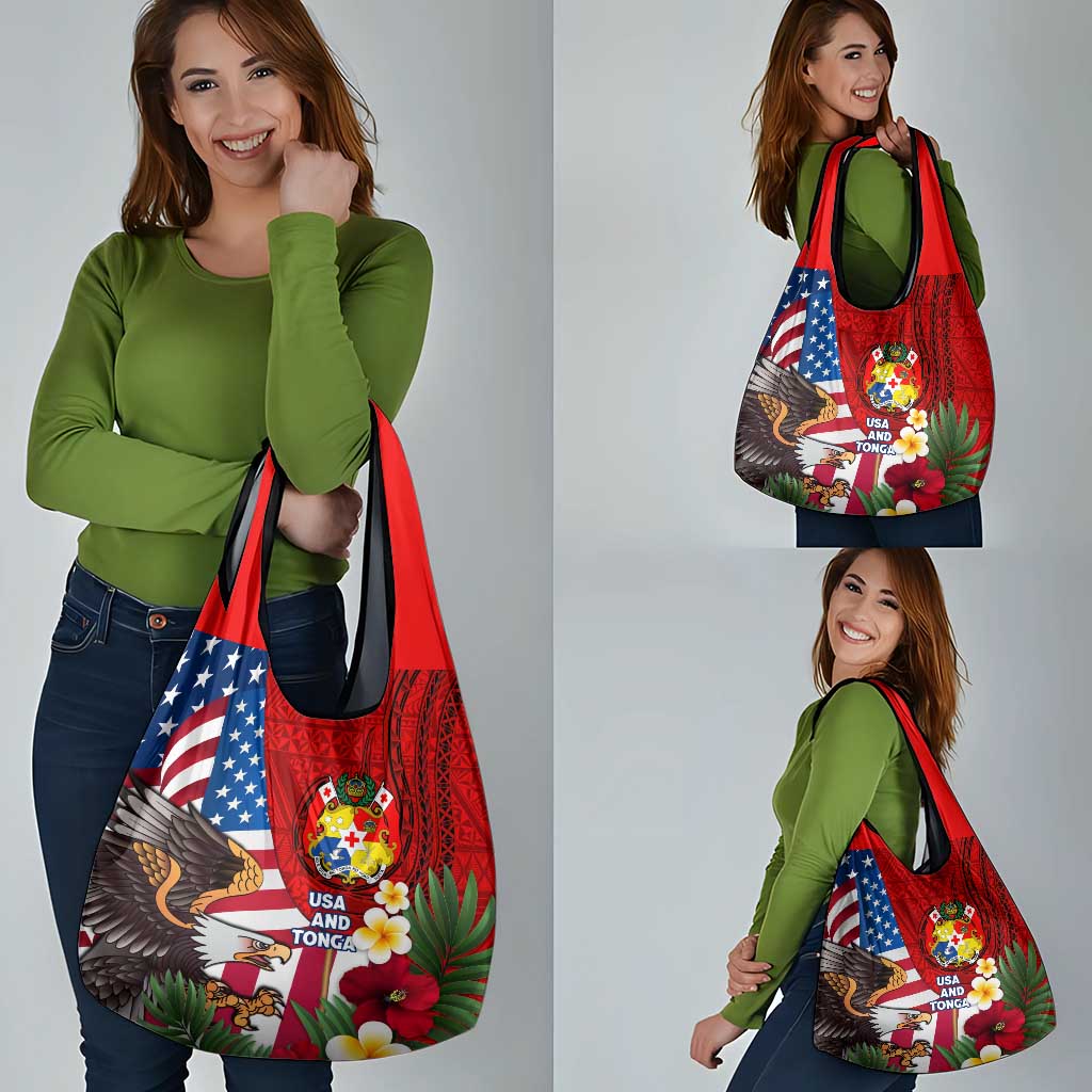 United States And Tonga Grocery Bag USA Flag Eagle Mix Tongan Coat Of Arms Ngatu Pattern