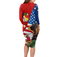 United States And Tonga Long Sleeve Bodycon Dress USA Flag Eagle Mix Tongan Coat Of Arms Ngatu Pattern LT14 - Polynesian Pride