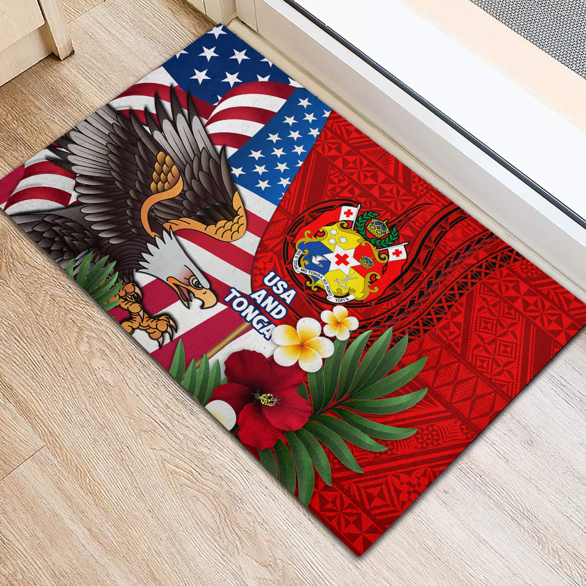 United States And Tonga Rubber Doormat USA Flag Eagle Mix Tongan Coat Of Arms Ngatu Pattern LT14 - Polynesian Pride