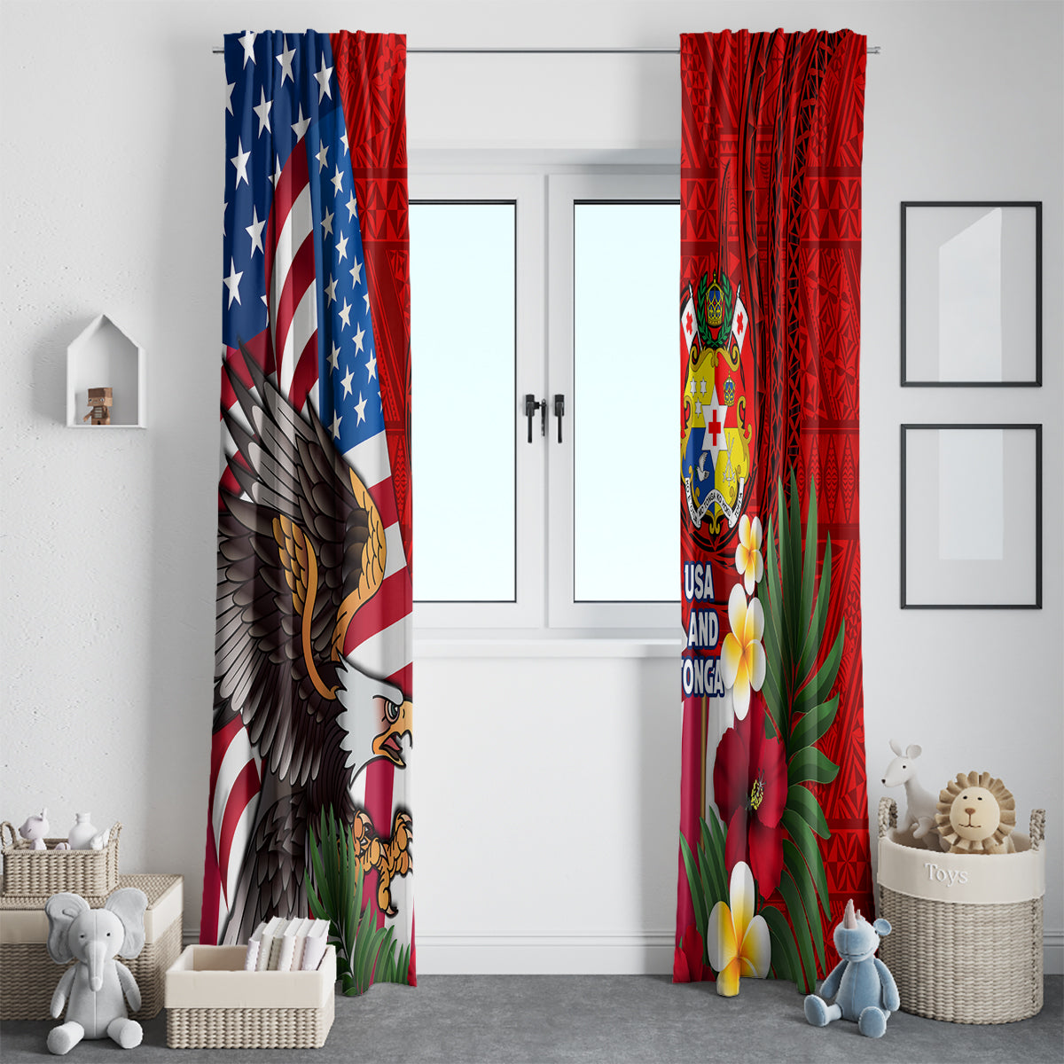 United States And Tonga Window Curtain USA Flag Eagle Mix Tongan Coat Of Arms Ngatu Pattern LT14 - Polynesian Pride