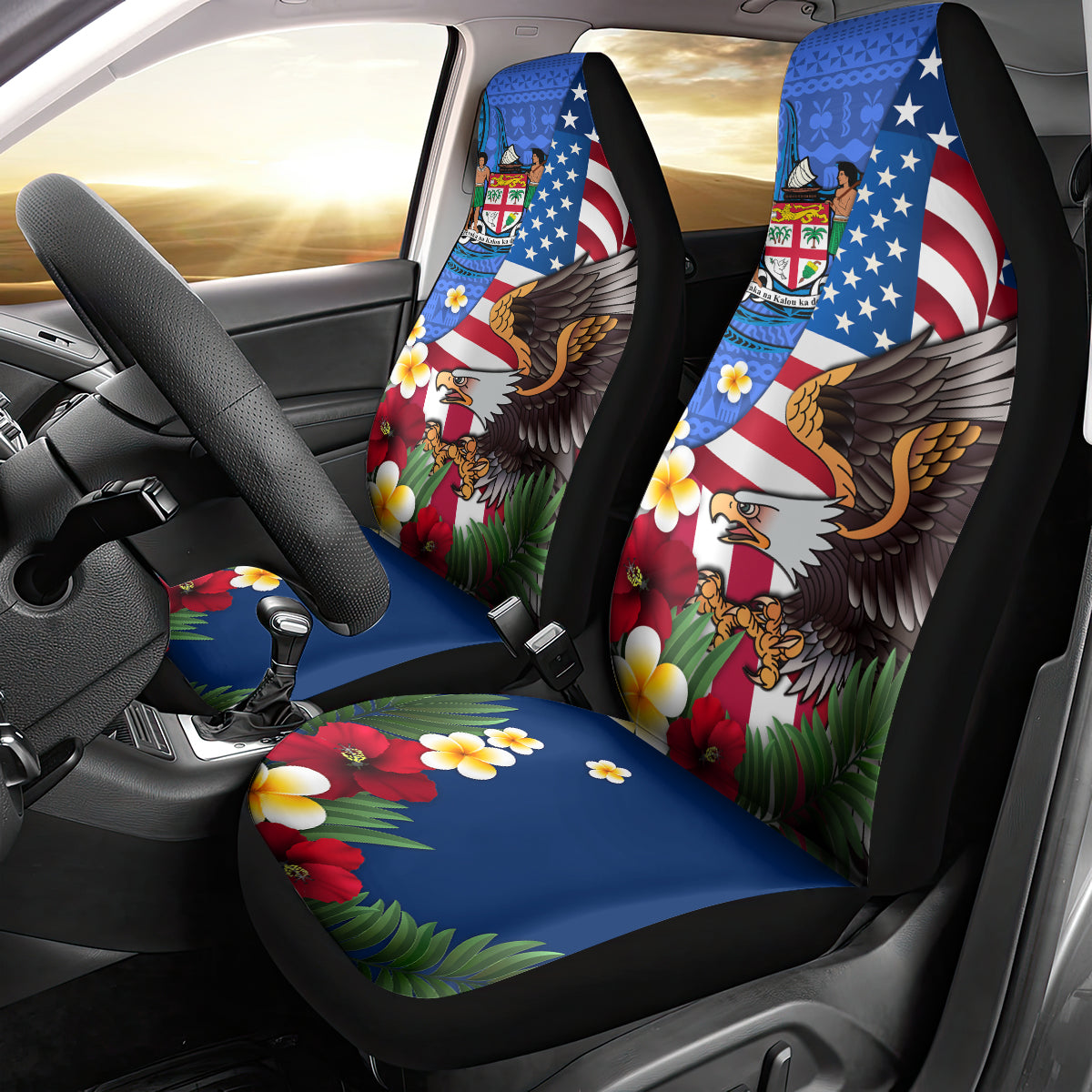 United States And Fiji Car Seat Cover USA Flag Eagle Mix Fijian Coat Of Arms Tapa Pattern LT14 - Polynesian Pride