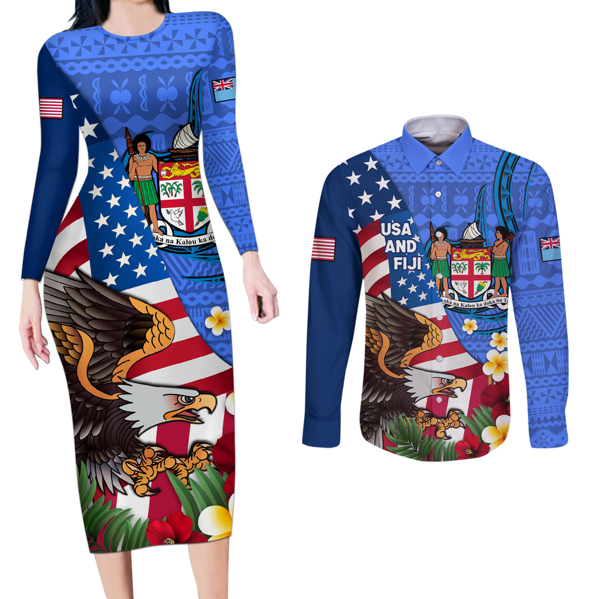 United States And Fiji Couples Matching Long Sleeve Bodycon Dress and Long Sleeve Button Shirt USA Flag Eagle Mix Fijian Coat Of Arms Tapa Pattern LT14 Blue - Polynesian Pride