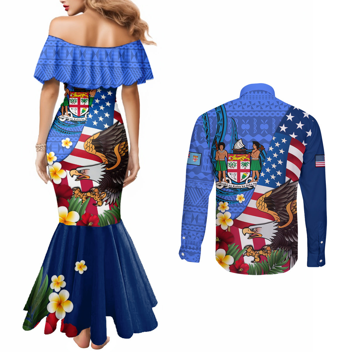 United States And Fiji Couples Matching Mermaid Dress and Long Sleeve Button Shirt USA Flag Eagle Mix Fijian Coat Of Arms Tapa Pattern LT14 - Polynesian Pride