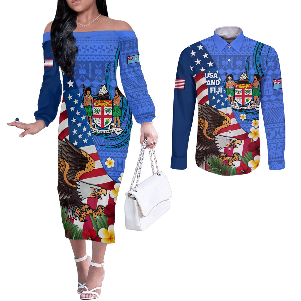 United States And Fiji Couples Matching Off The Shoulder Long Sleeve Dress and Long Sleeve Button Shirt USA Flag Eagle Mix Fijian Coat Of Arms Tapa Pattern LT14 Blue - Polynesian Pride