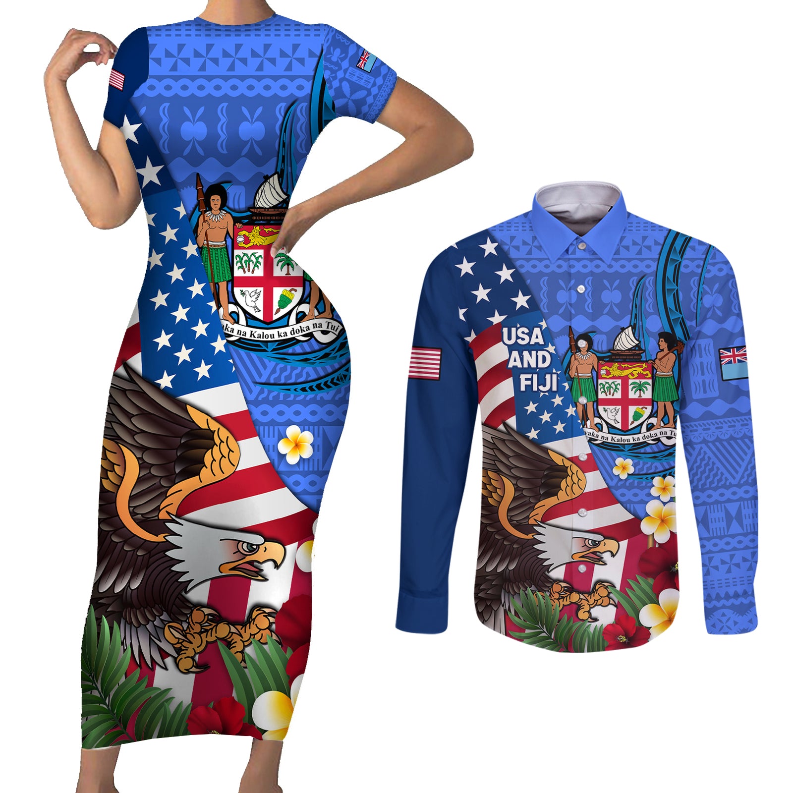 United States And Fiji Couples Matching Short Sleeve Bodycon Dress and Long Sleeve Button Shirt USA Flag Eagle Mix Fijian Coat Of Arms Tapa Pattern LT14 Blue - Polynesian Pride