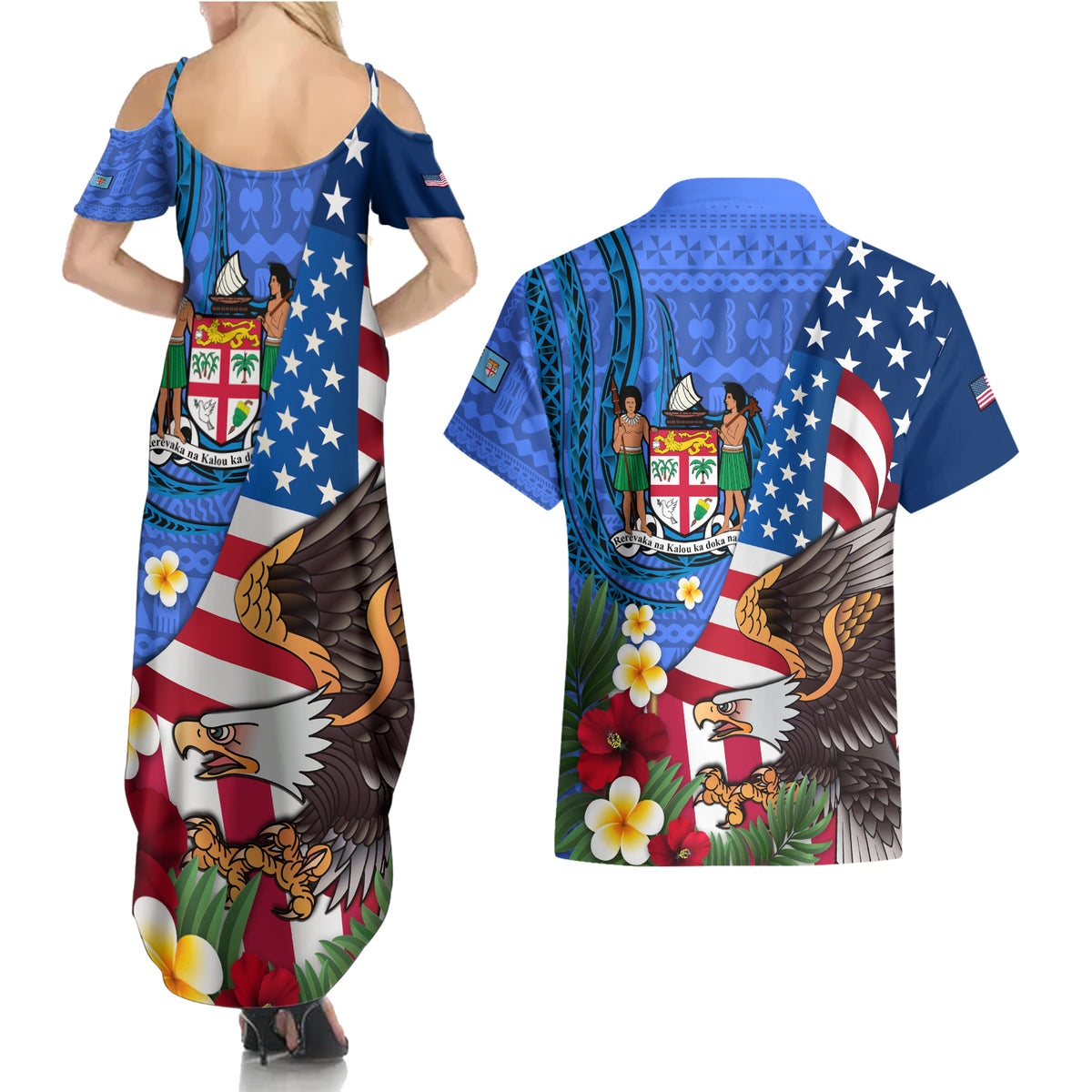 United States And Fiji Couples Matching Summer Maxi Dress and Hawaiian Shirt USA Flag Eagle Mix Fijian Coat Of Arms Tapa Pattern LT14 - Polynesian Pride