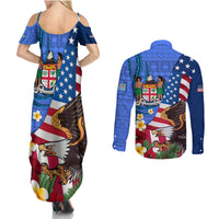 United States And Fiji Couples Matching Summer Maxi Dress and Long Sleeve Button Shirt USA Flag Eagle Mix Fijian Coat Of Arms Tapa Pattern LT14 - Polynesian Pride