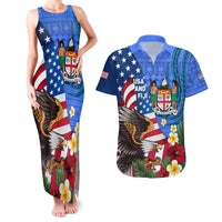 United States And Fiji Couples Matching Tank Maxi Dress and Hawaiian Shirt USA Flag Eagle Mix Fijian Coat Of Arms Tapa Pattern LT14 Blue - Polynesian Pride