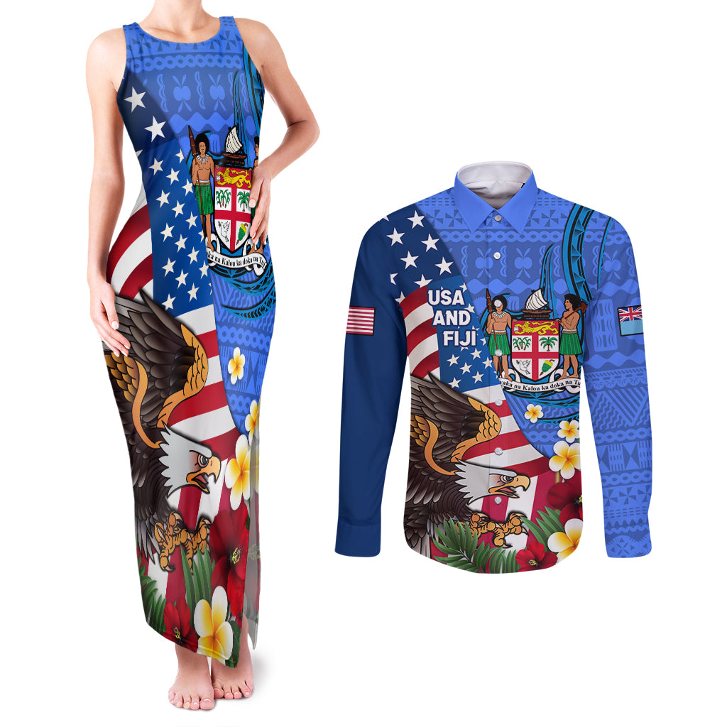 United States And Fiji Couples Matching Tank Maxi Dress and Long Sleeve Button Shirt USA Flag Eagle Mix Fijian Coat Of Arms Tapa Pattern LT14 Blue - Polynesian Pride