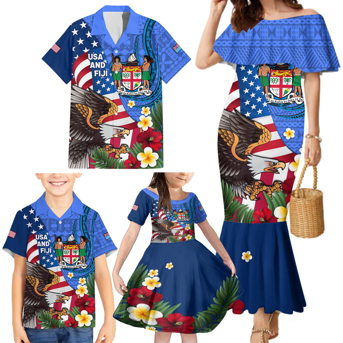 United States And Fiji Family Matching Mermaid Dress and Hawaiian Shirt USA Flag Eagle Mix Fijian Coat Of Arms Tapa Pattern LT14 - Polynesian Pride