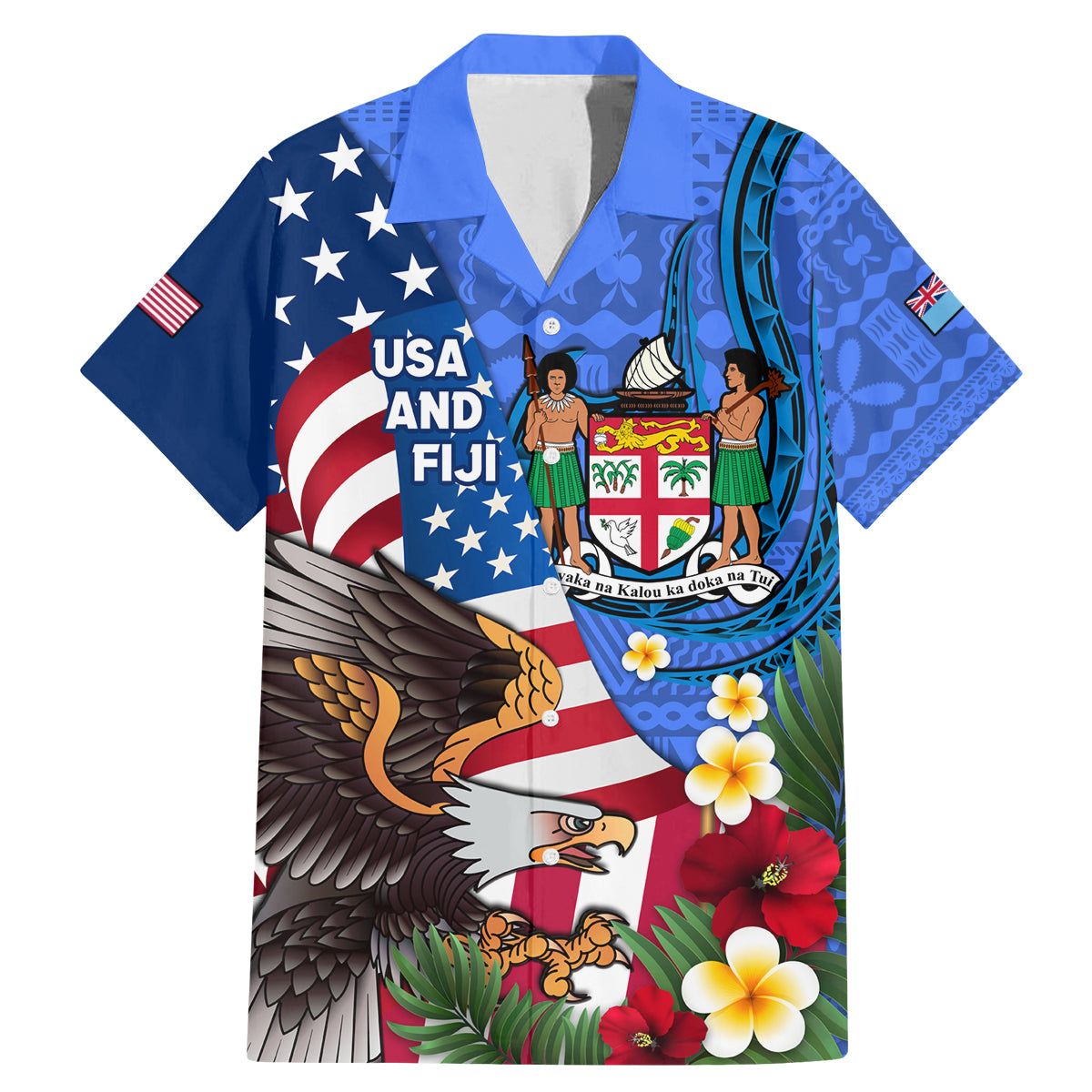 United States And Fiji Family Matching Mermaid Dress and Hawaiian Shirt USA Flag Eagle Mix Fijian Coat Of Arms Tapa Pattern LT14 Dad's Shirt - Short Sleeve Blue - Polynesian Pride