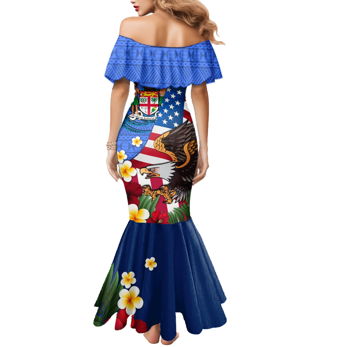 United States And Fiji Family Matching Mermaid Dress and Hawaiian Shirt USA Flag Eagle Mix Fijian Coat Of Arms Tapa Pattern LT14 - Polynesian Pride
