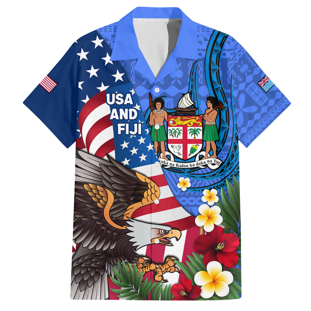 United States And Fiji Family Matching Puletasi Dress and Hawaiian Shirt USA Flag Eagle Mix Fijian Coat Of Arms Tapa Pattern LT14 Dad's Shirt - Short Sleeve Blue - Polynesian Pride