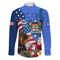 United States And Fiji Family Matching Puletasi Dress and Hawaiian Shirt USA Flag Eagle Mix Fijian Coat Of Arms Tapa Pattern LT14 Dad's Shirt - Long Sleeve Blue - Polynesian Pride