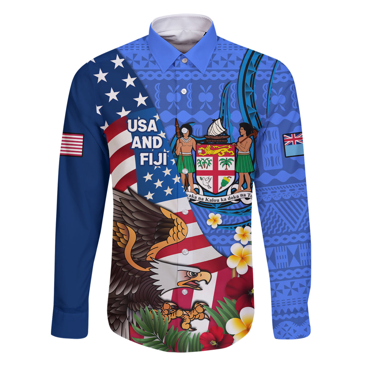United States And Fiji Family Matching Tank Maxi Dress and Hawaiian Shirt USA Flag Eagle Mix Fijian Coat Of Arms Tapa Pattern LT14 Dad's Shirt - Long Sleeve Blue - Polynesian Pride