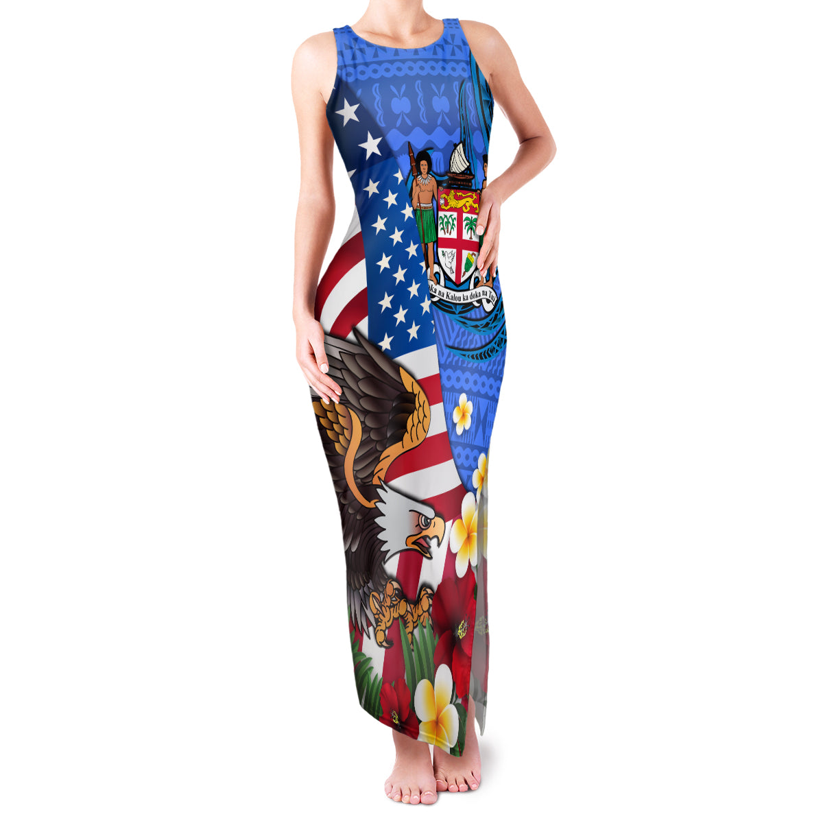 United States And Fiji Family Matching Tank Maxi Dress and Hawaiian Shirt USA Flag Eagle Mix Fijian Coat Of Arms Tapa Pattern LT14 Mom's Dress Blue - Polynesian Pride
